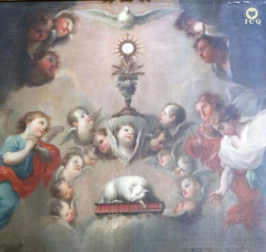 El cáliz sagrado, fragmento de pintura. Catedral de Puebla, México.